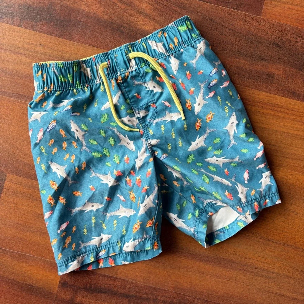 Old Navy Boys Shark Print Swim Trunks Teal Blue Mesh Lined Board‎ Shorts Size 3T
